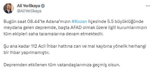 İçişleri Bakanı Yerlikaya'dan Adana'daki depreme ilişkin ilk açıklama: Şu ana kadar can ve mal kaybı yok