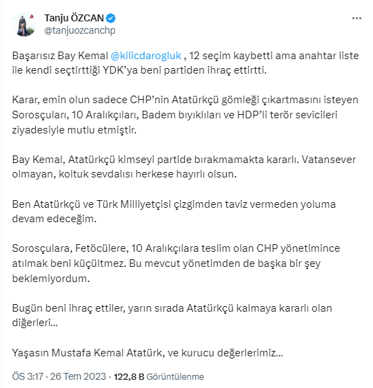 CHP'den ihraç edilen Tanju Özcan'dan ilk açıklama: Bay Kemal, Atatürkçü kimseyi partide bırakmamakta kararlı