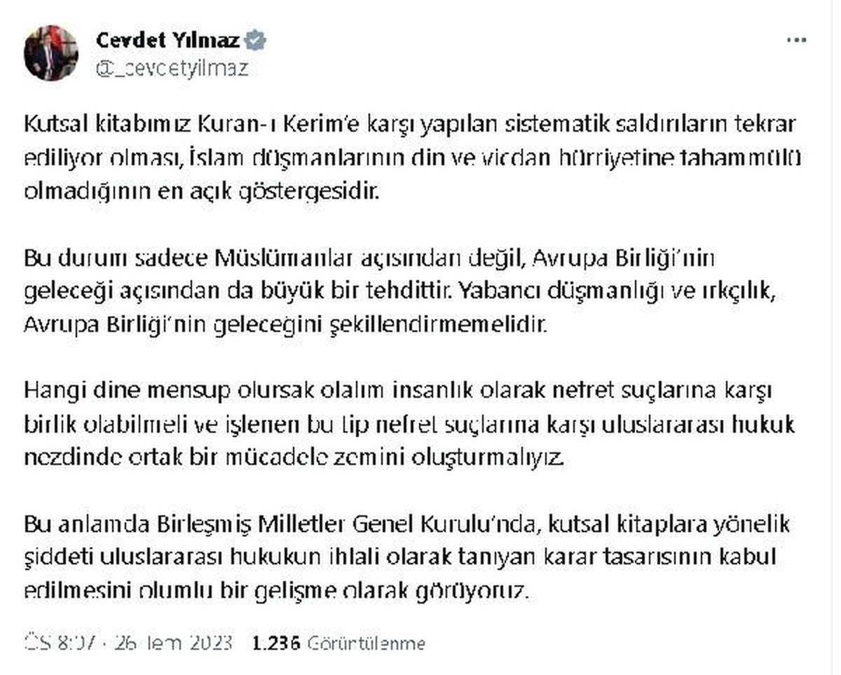Cevdet Yılmaz, Kur\'an-ı Kerim\'e yapılan saldırıları kınadı