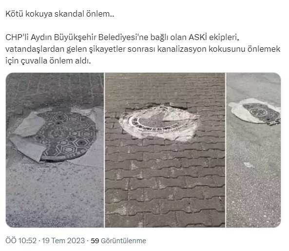 Aydın Büyükşehir Belediyesi'nden tepki çeken çözüm! Kanalizasyon kapaklarını çuvalla kapattılar Aydın Büyükşehir Belediyesi'nden tepki çeken çözüm! Kanalizasyon kapaklarını çuvalla kapattılar