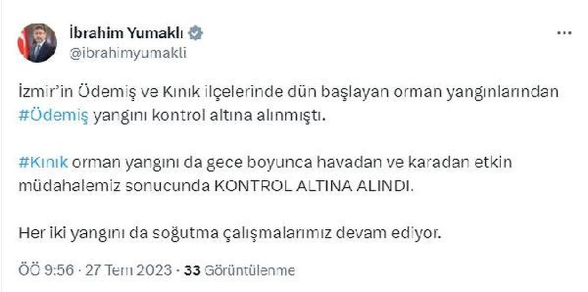 Bakan Yumaklı: Yangın Kontrol Altına Alındı