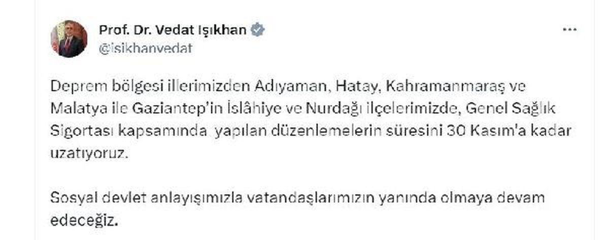 Deprem Bölgesinde Genel Sağlık Sigortası Düzenlemeleri Uzatıldı