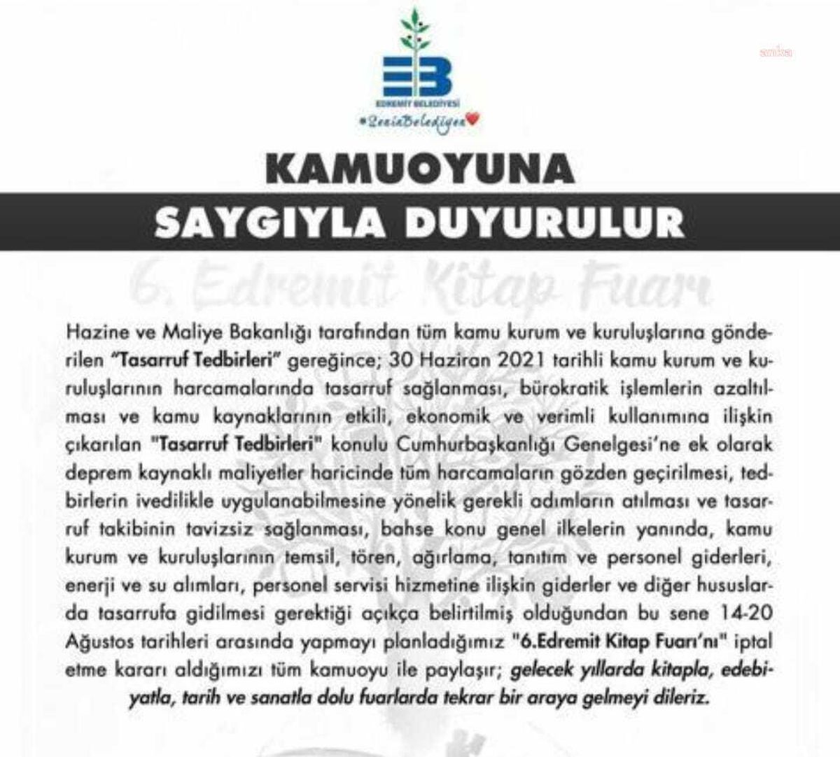 Edremit Kitap Fuarı, tasarruf gerekçesiyle iptal edildi