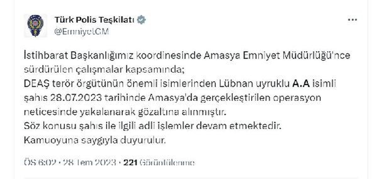 DEAŞ Terör Örgütünün Önemli İsmi Amasya\'da Yakalandı