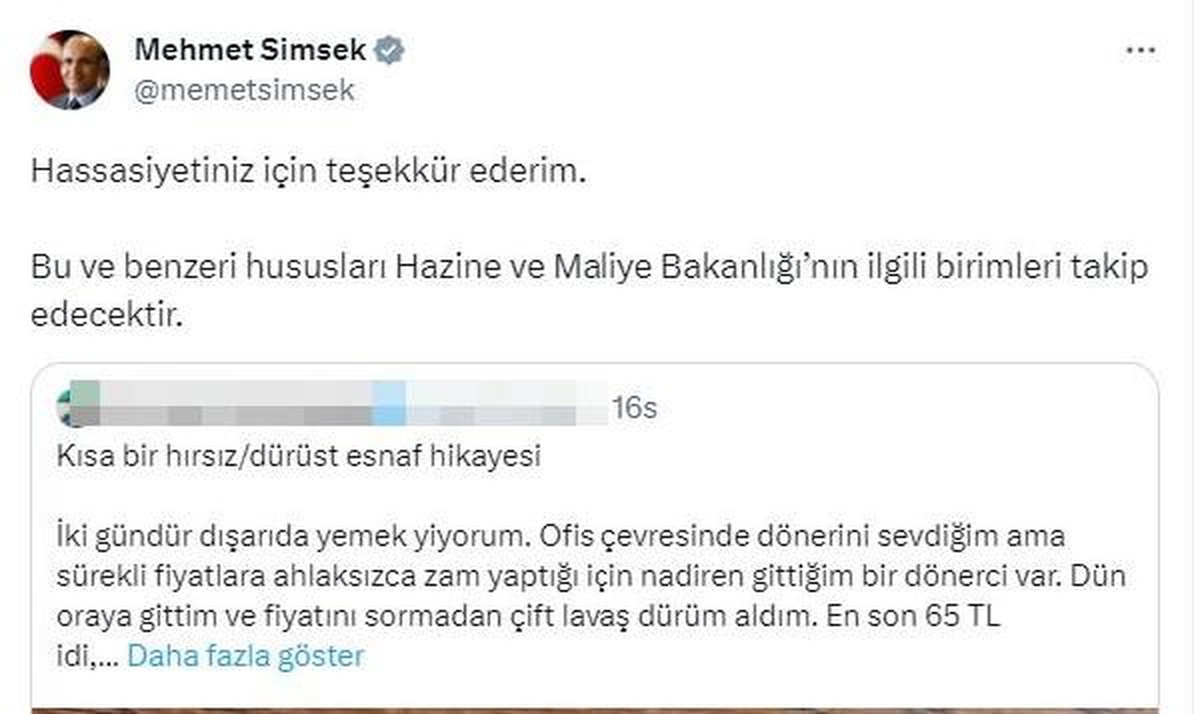 Bakan Şimşek, KDV Oranı Yüzde 1 Olan Esnafa Boykot Çağrısı Yapan Tüketiciye Teşekkür Etti