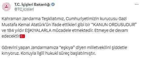 CHP'li Milletvekili Tanal'a İçişleri Bakanlığı'ndan Tepki: 'Görevini Yapan Jandarmamıza 'Eşkıya' Diyeni Kınıyoruz'