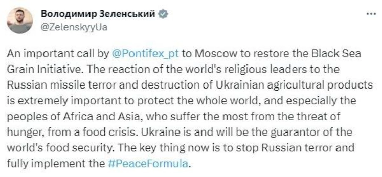 Ukrayna Devlet Başkanı Zelenski, Papa Francis\'in Rusya\'ya yaptığı \'Tahıl\' çağrısını destekledi