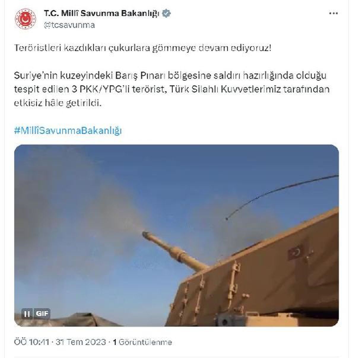 MSB: Barış Pınarı bölgesine saldırı hazırlığında olan 3 PKK/YPG\'li terörist etkisiz hale getirildi