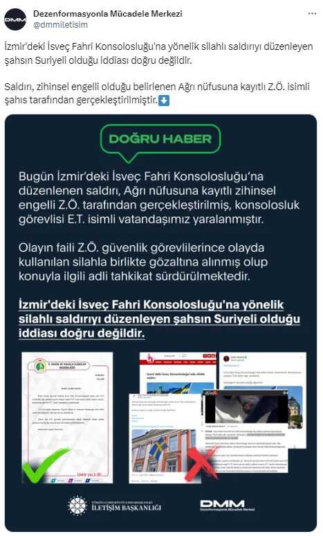 İsveç Konsolosluğu'nda Türk çalışanı silahla vuran şahıs Suriye uyruklu mu? Dezenformasyonla Mücadele Merkezi'nden iddialara yalanlama İsveç Konsolosluğu'nda Türk çalışanı silahla vuran şahıs Suriye uyruklu mu? Dezenformasyonla Mücadele Merkezi'nden iddialara yalanlama