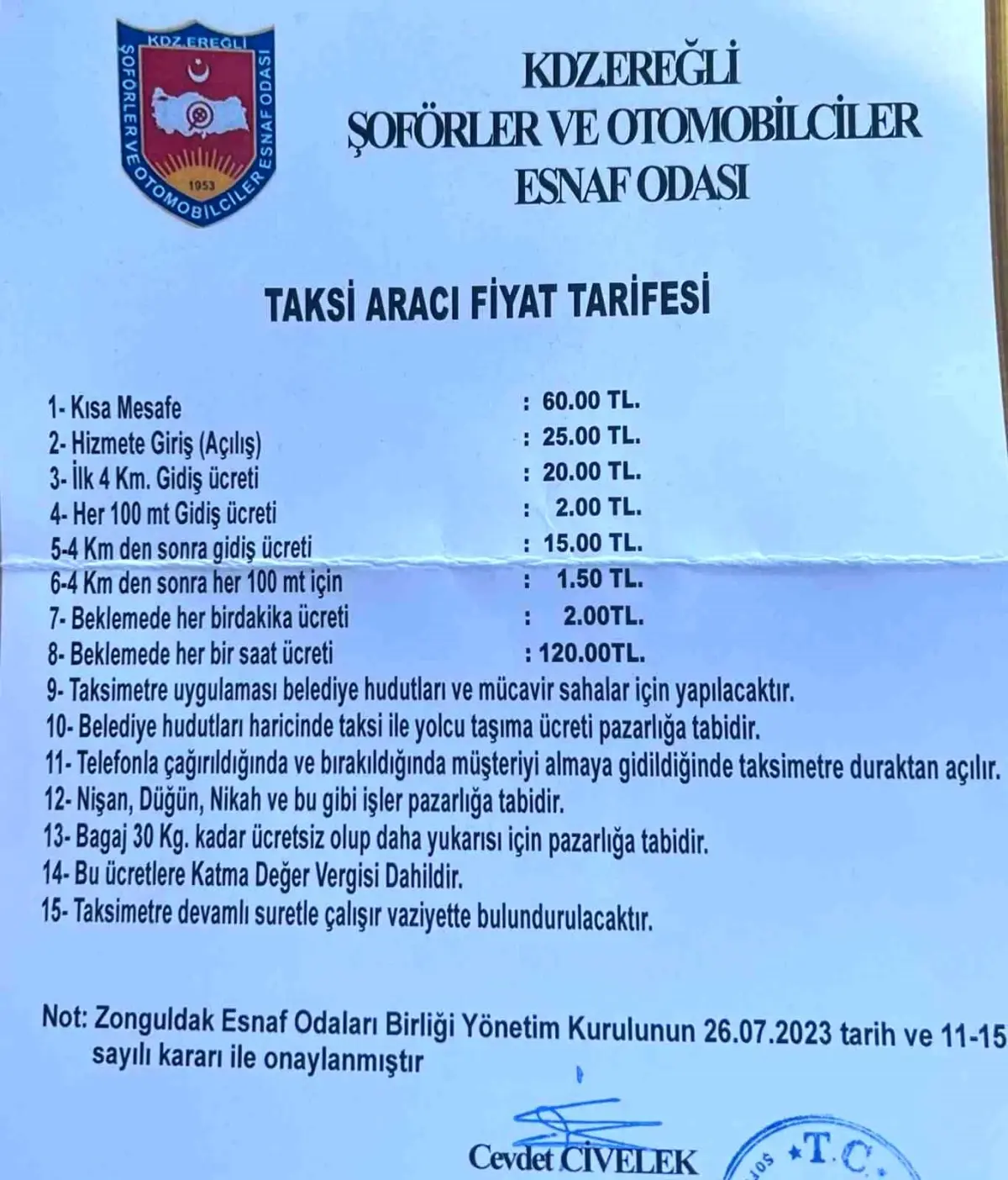 Ereğli\'de Taksi Ücretlerine Zam Yapıldı