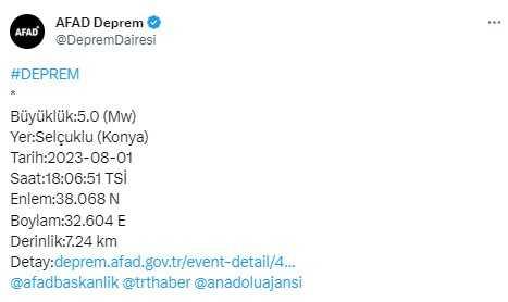 Son Dakika: Konya'da 5 büyüklüğünde deprem meydana geldi Son Dakika: Konya'da 5 büyüklüğünde deprem meydana geldi