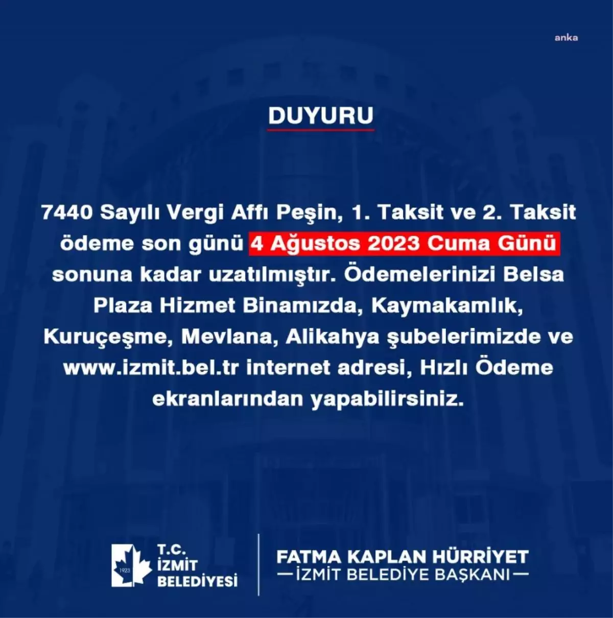 İzmit Belediyesi Borç Yapılandırma İşlemlerinin Son Ödeme Tarihi Uzatıldı