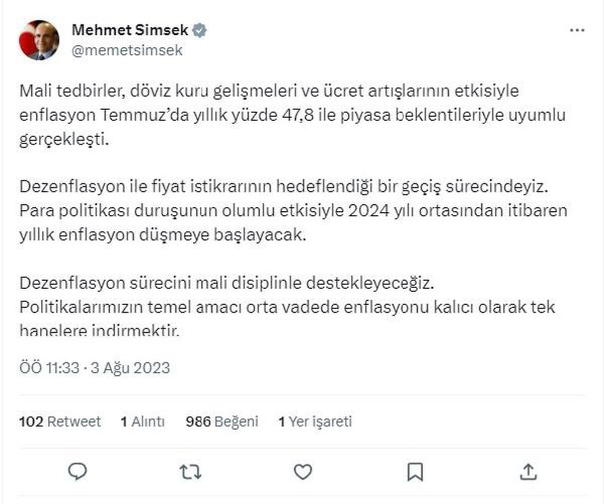 Şimşek: Enflasyon Temmuzda Piyasa Beklentileriyle Uyumlu Gerçekleşti