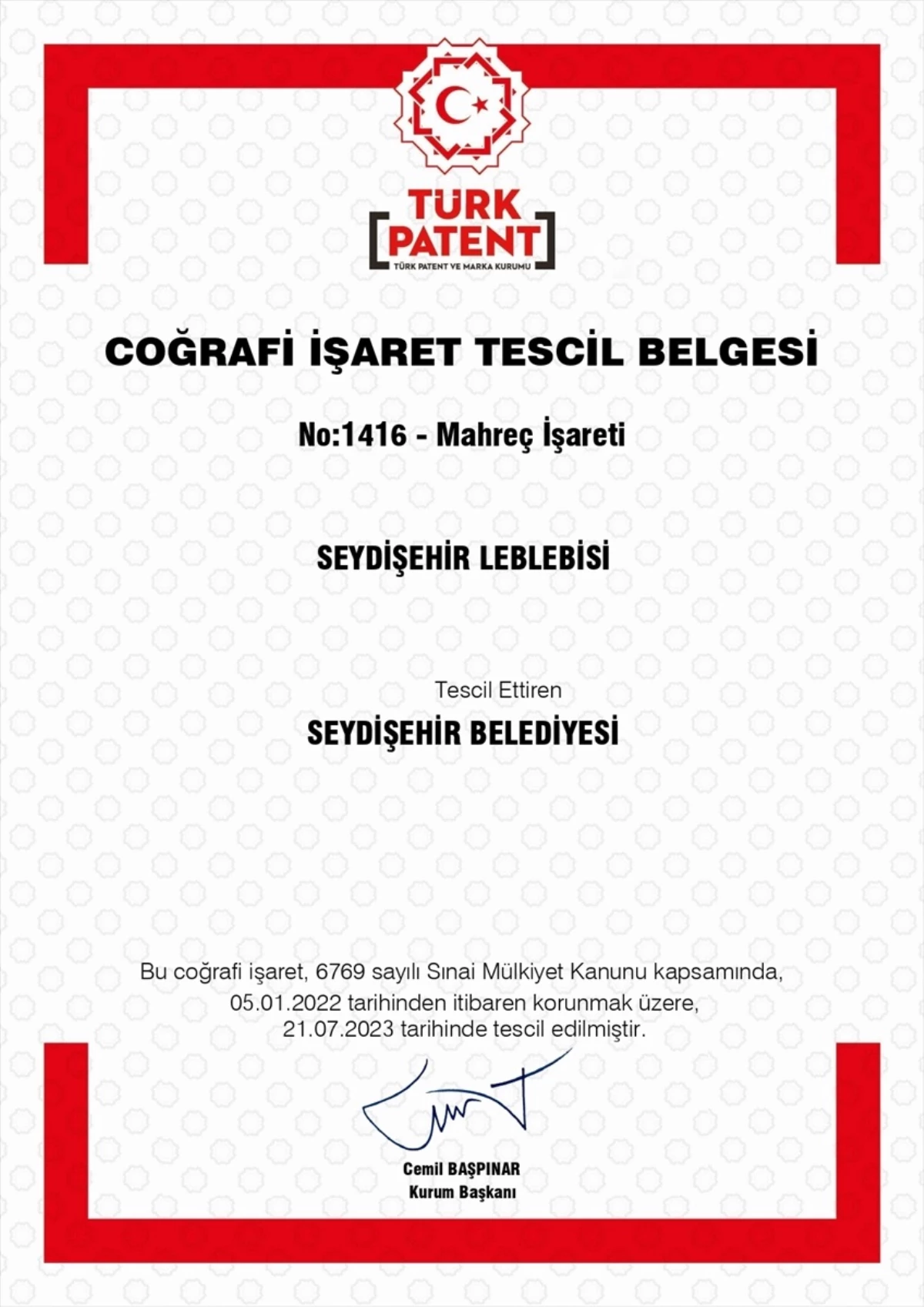 Seydişehir Leblebisi Türk Patent ve Marka Kurumu tarafından coğrafi işaret alarak tescillendi