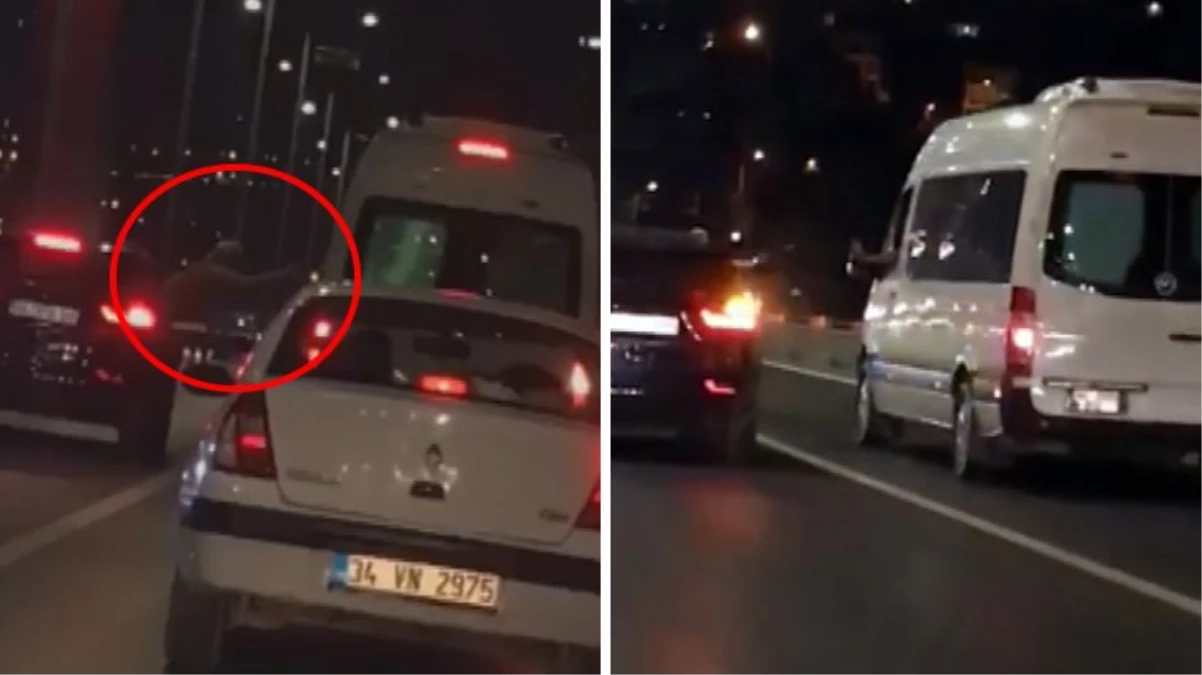 15 Temmuz Şehitler Köprüsü\'nde otomobil sürücüsü ile minibüs şoförü arasında tartışma kamerada