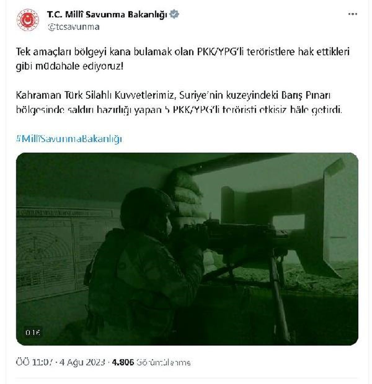 MSB: Barış Pınarı Harekatı bölgesinde 5 PKK/YPG'li terörist etkisiz hale getirildi