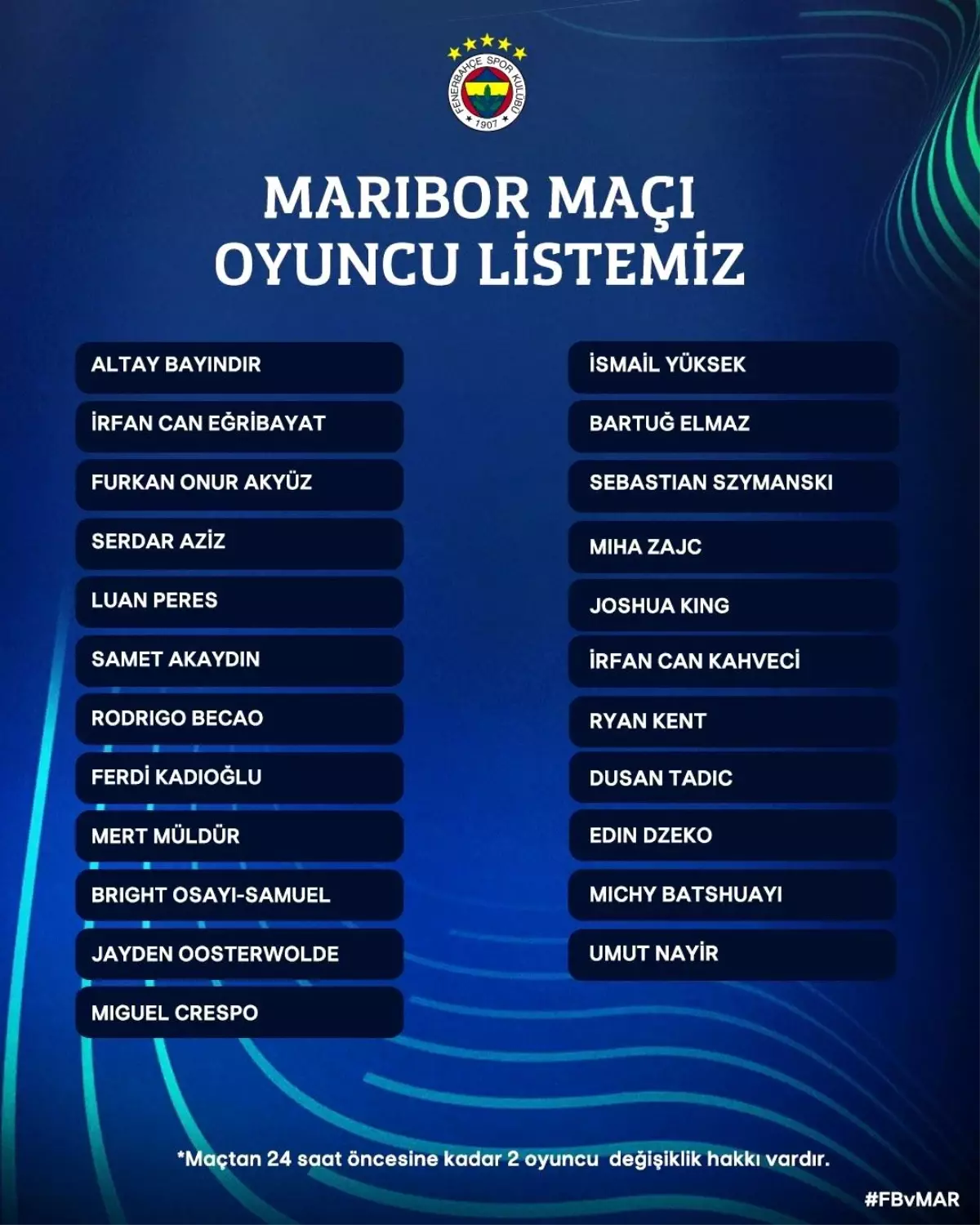 Fenerbahçe\'nin Maribor maçı kadrosu belli oldu