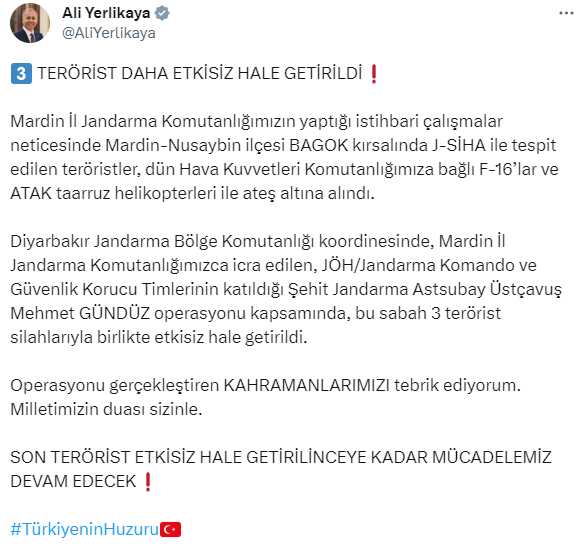İçişleri Bakanı Ali Yerlikaya: Mardin'de 3 terörist etkisiz hale getirildi İçişleri Bakanı Ali Yerlikaya: Mardin'de 3 terörist etkisiz hale getirildi
