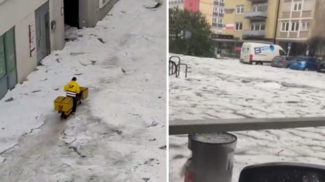 Almanya'yı dolu vurdu, yollar beyaza büründü Almanya'yı dolu vurdu, yollar beyaza büründü