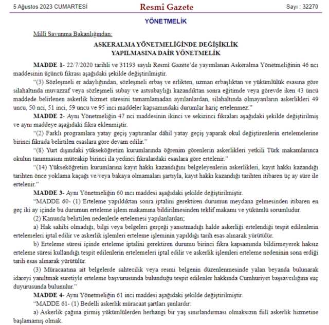 Bedelli askerlik yönetmeliğindeki değişiklik Resmi Gazete'de yayımlandı Bedelli askerlik yönetmeliğindeki değişiklik Resmi Gazete'de yayımlandı