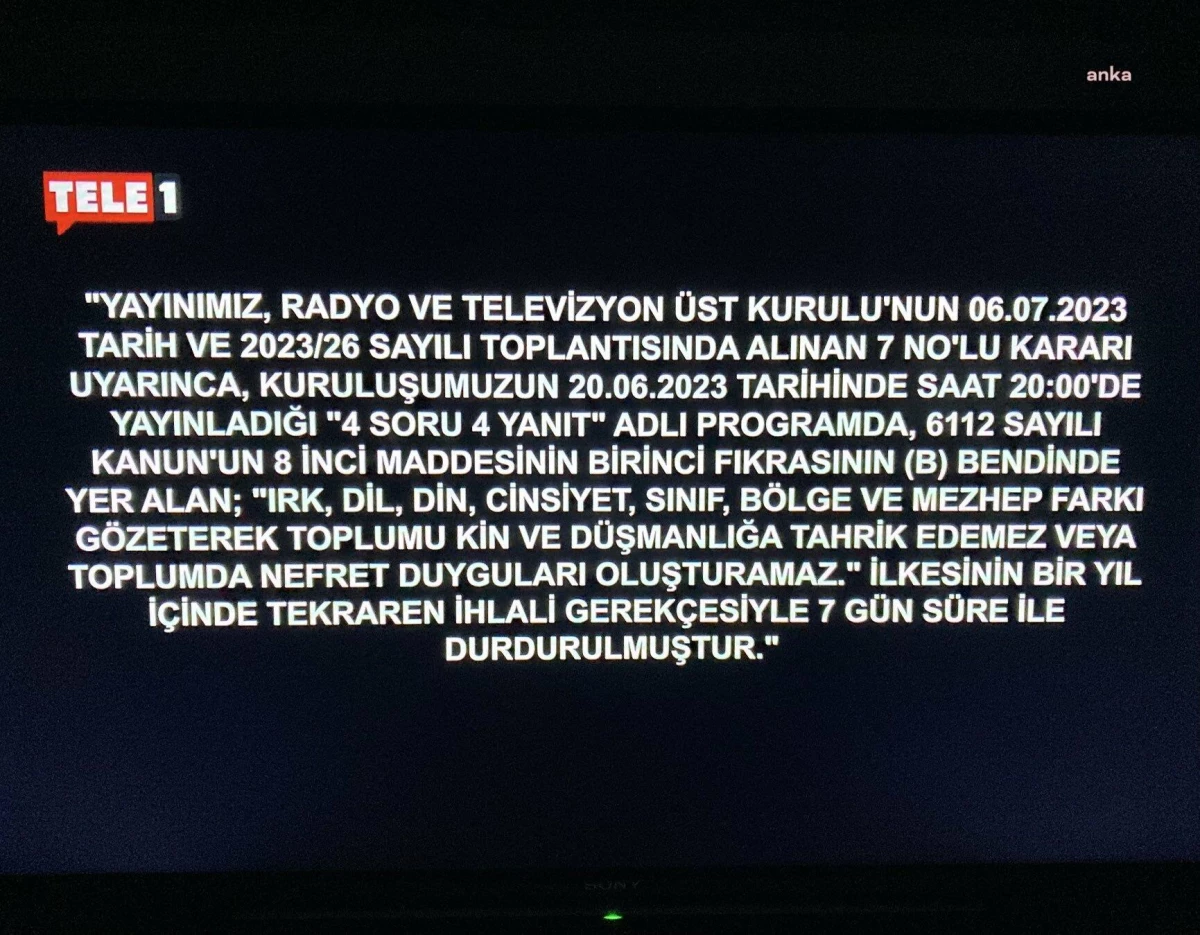 Tele 1 TV\'ye verilen yayın durdurma cezası başladı
