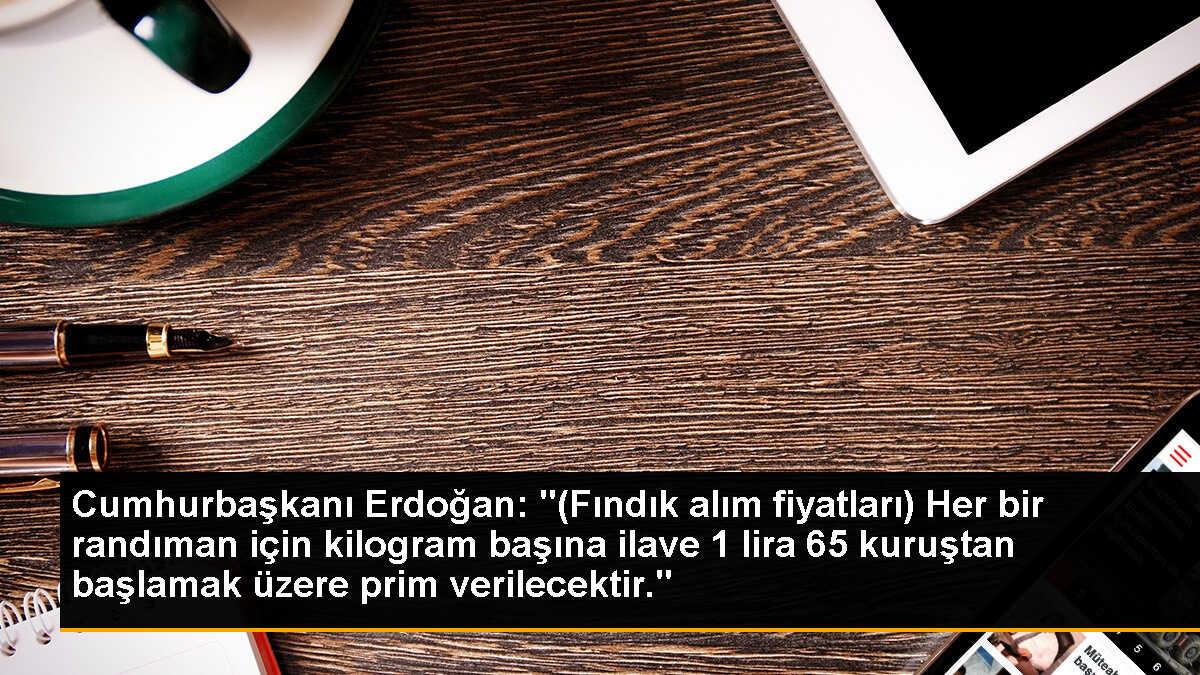 Cumhurbaşkanı Erdoğan: "(Fındık alım fiyatları) Her bir randıman için kilogram başına ilave 1 lira 65 kuruştan başlamak üzere prim verilecektir."