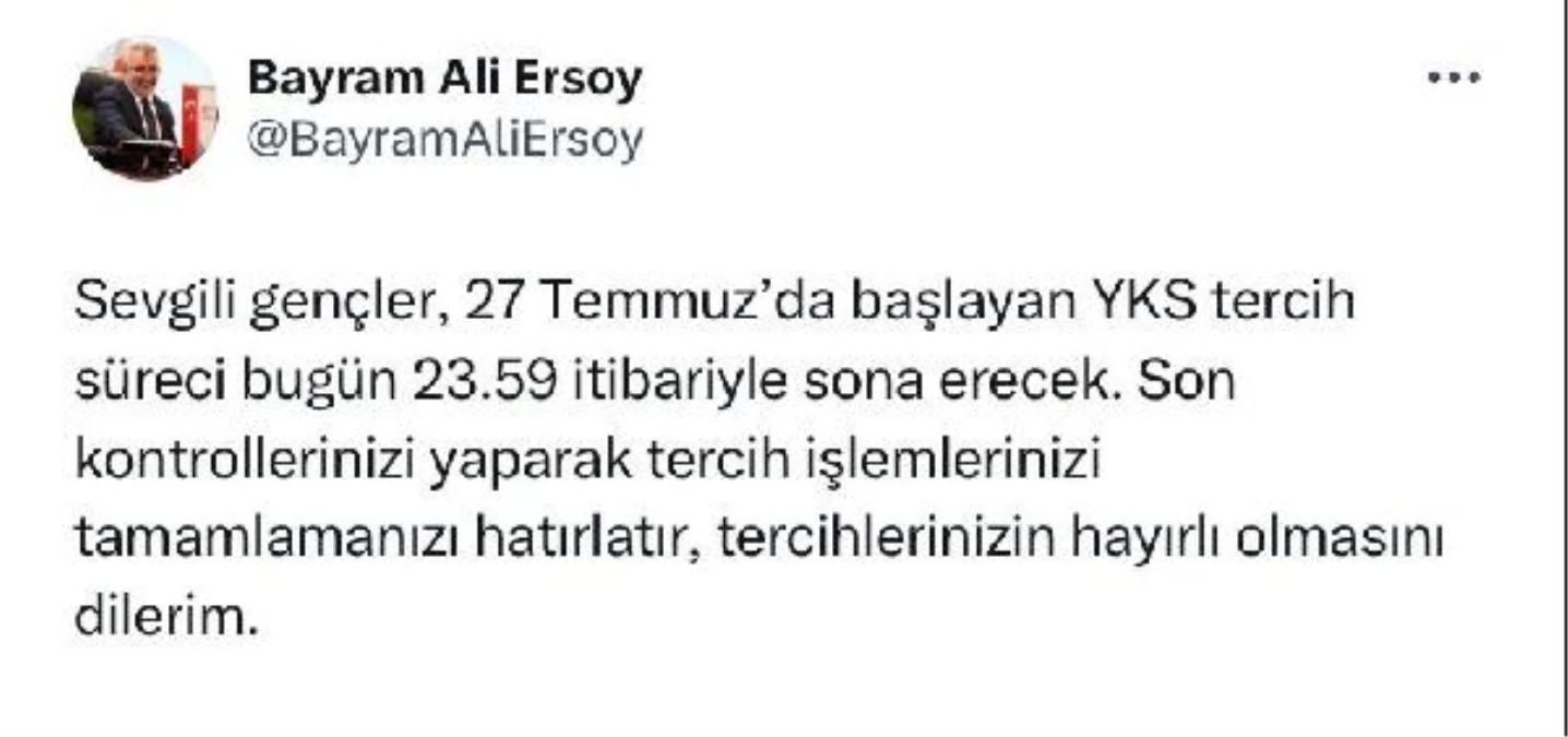 ÖSYM Başkanı Bayram Ali Ersoy, YKS tercih sürecinin bugün sona ereceğini açıkladı