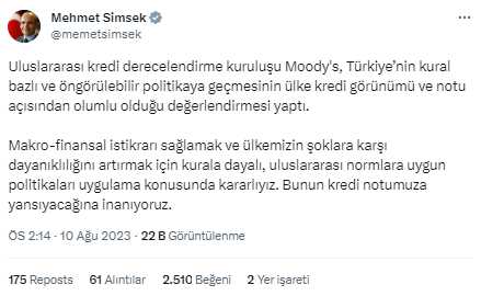 Bakan Şimşek'ten Moody's'in Türkiye değerlendirmesine ilk tepki: Uluslararası normlara uygun politikalara uygulamaya kararlıyız Bakan Şimşek'ten Moody's'in Türkiye değerlendirmesine ilk tepki: Uluslararası normlara uygun politikalara uygulamaya kararlıyız