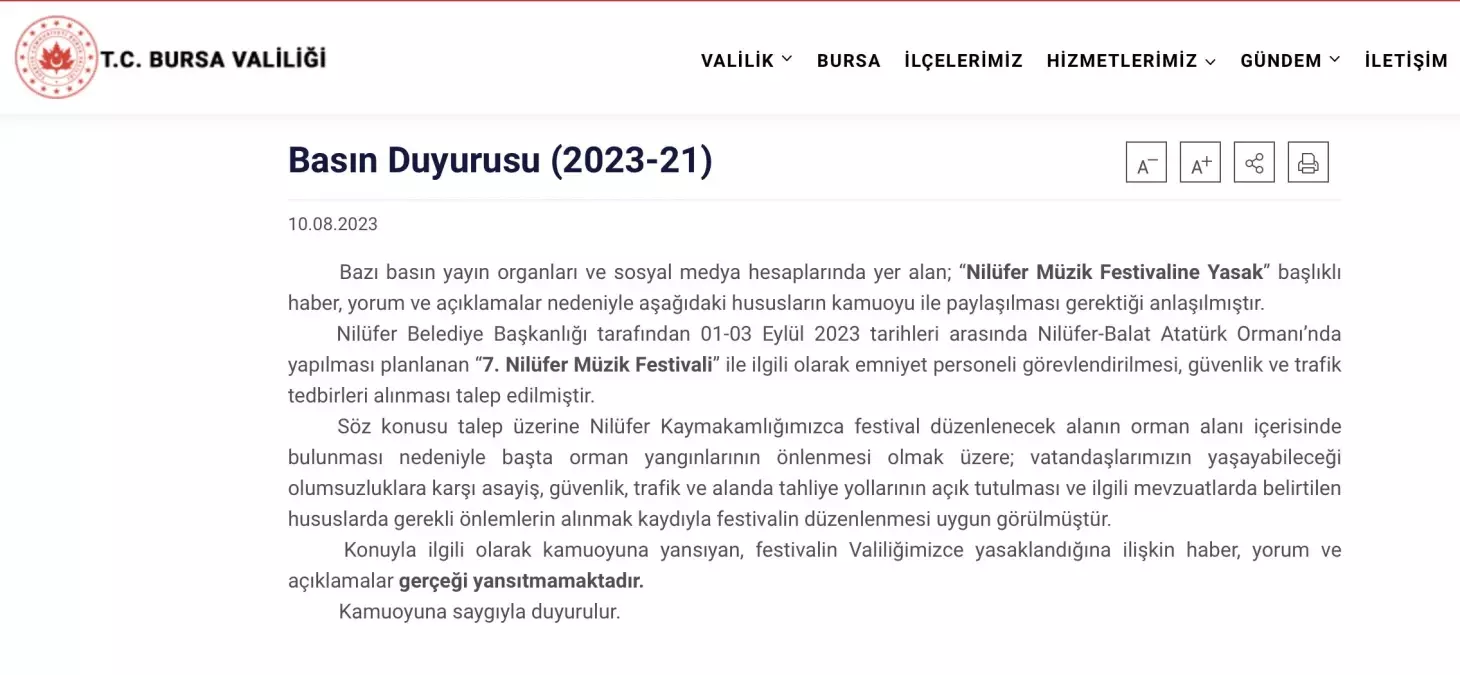 Nilüfer Müzik Festivali Bursa Valiliği Yasak Kararı Nedeniyle İptal Edildi