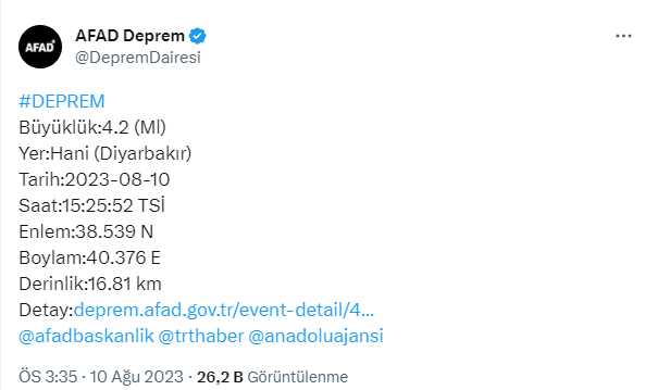Son Dakika: Diyarbakır'da 4.2 büyüklüğünde deprem! Sarsıntı çevre illerden de hissedildi Son Dakika: Diyarbakır'da 4.2 büyüklüğünde deprem! Sarsıntı çevre illerden de hissedildi