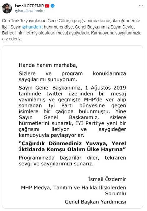 Son Dakika: MHP lideri Devlet Bahçeli'den İYİ Parti'ye ittifak çağrısı: Ülke hayrına yerel iktidarda komşu olalım Son Dakika: MHP lideri Devlet Bahçeli'den İYİ Parti'ye ittifak çağrısı: Ülke hayrına yerel iktidarda komşu olalım