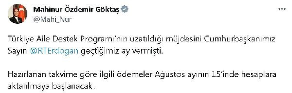 Türkiye Aile Destek Programı Ödemeleri 15 Ağustos\'ta Başlıyor