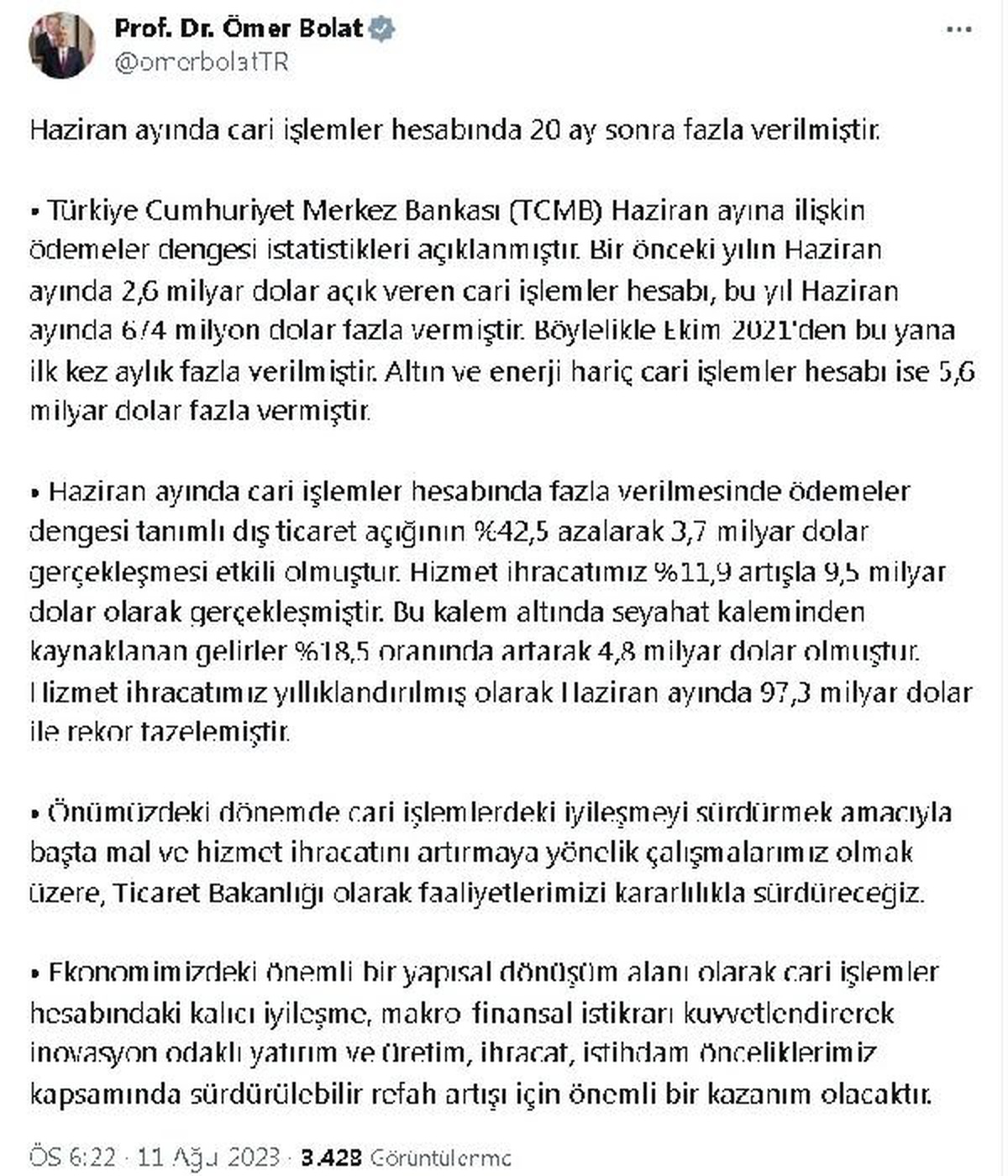 Bakan Bolat: Haziran ayında cari işlemler hesabın 20 ay sonra fazla verdi / Fotoğraf düzeltme