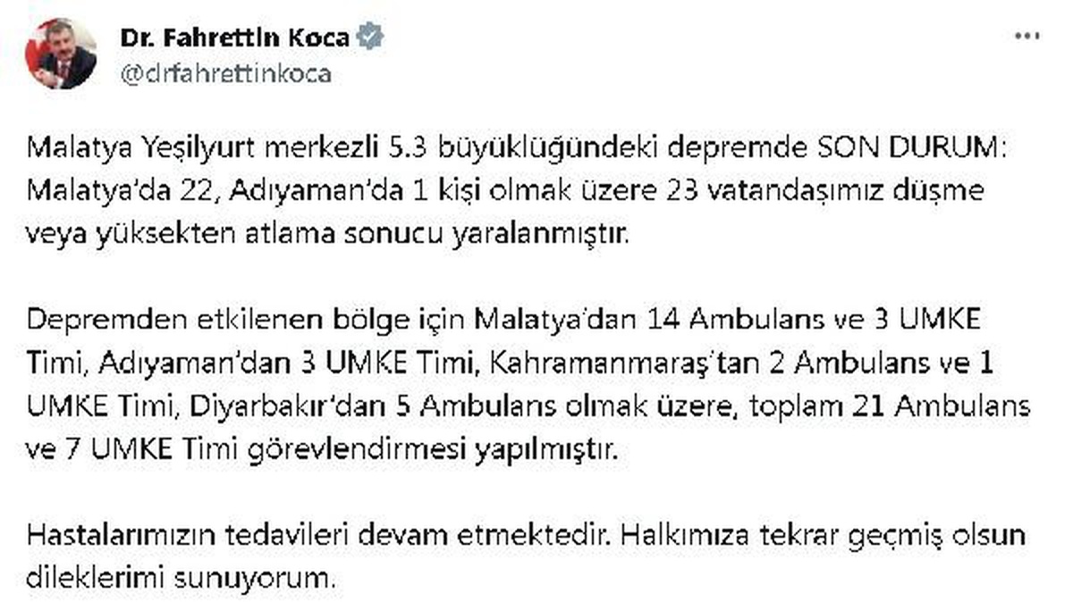 Malatya\'da meydana gelen depremde 23 kişi yaralandı