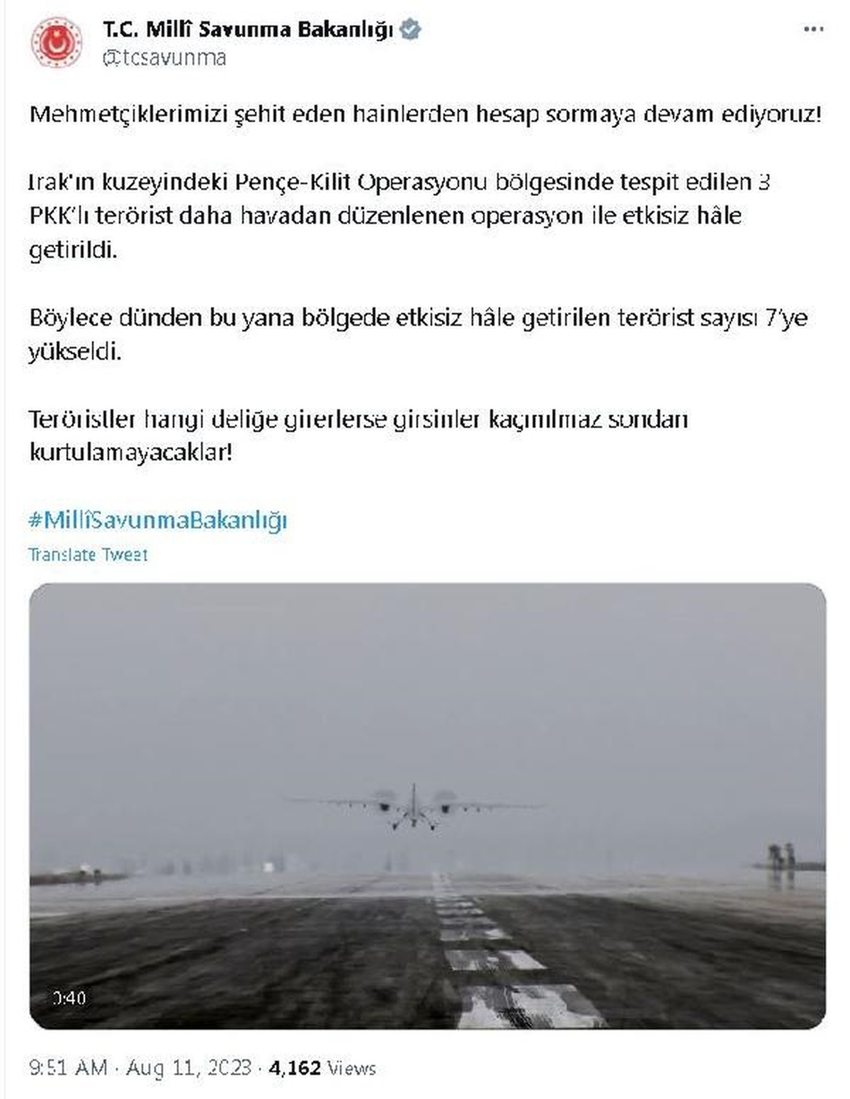 Pençe-Kilit Operasyonu Bölgesinde 3 PKK\'lı Terörist Etkisiz Hale Getirildi