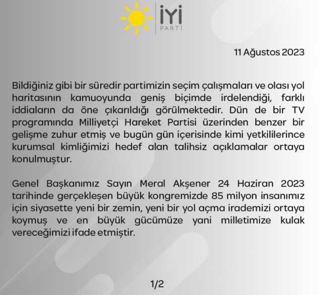 Son Dakika: İYİ Parti'den MHP lideri Bahçeli'nin yerel seçimde iş birliği çağrısına yanıt: 26 Ağustos ruhuyla rotamız net, pusulamız millet Son Dakika: İYİ Parti'den MHP lideri Bahçeli'nin yerel seçimde iş birliği çağrısına yanıt: 26 Ağustos ruhuyla rotamız net, pusulamız millet