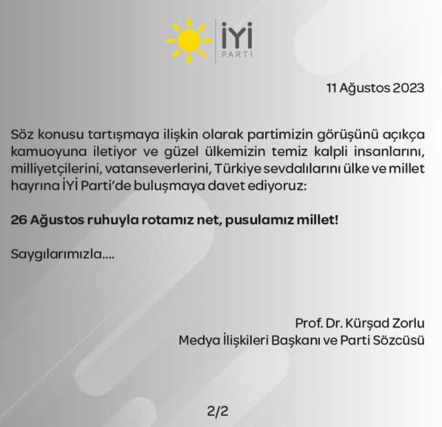 Son Dakika: İYİ Parti'den MHP lideri Bahçeli'nin yerel seçimde iş birliği çağrısına yanıt: 26 Ağustos ruhuyla rotamız net, pusulamız millet Son Dakika: İYİ Parti'den MHP lideri Bahçeli'nin yerel seçimde iş birliği çağrısına yanıt: 26 Ağustos ruhuyla rotamız net, pusulamız millet