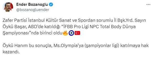 Zafer Partisi İl Başkan Yardımcısı Öykü Başar, vücut geliştirmede dünya şampiyonu oldu