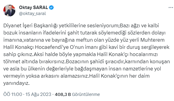 Cumhurbaşkanı Başdanışmanı Saral, Diyanet'e seslendi: Halil Konak'çının her daim yanındayız
