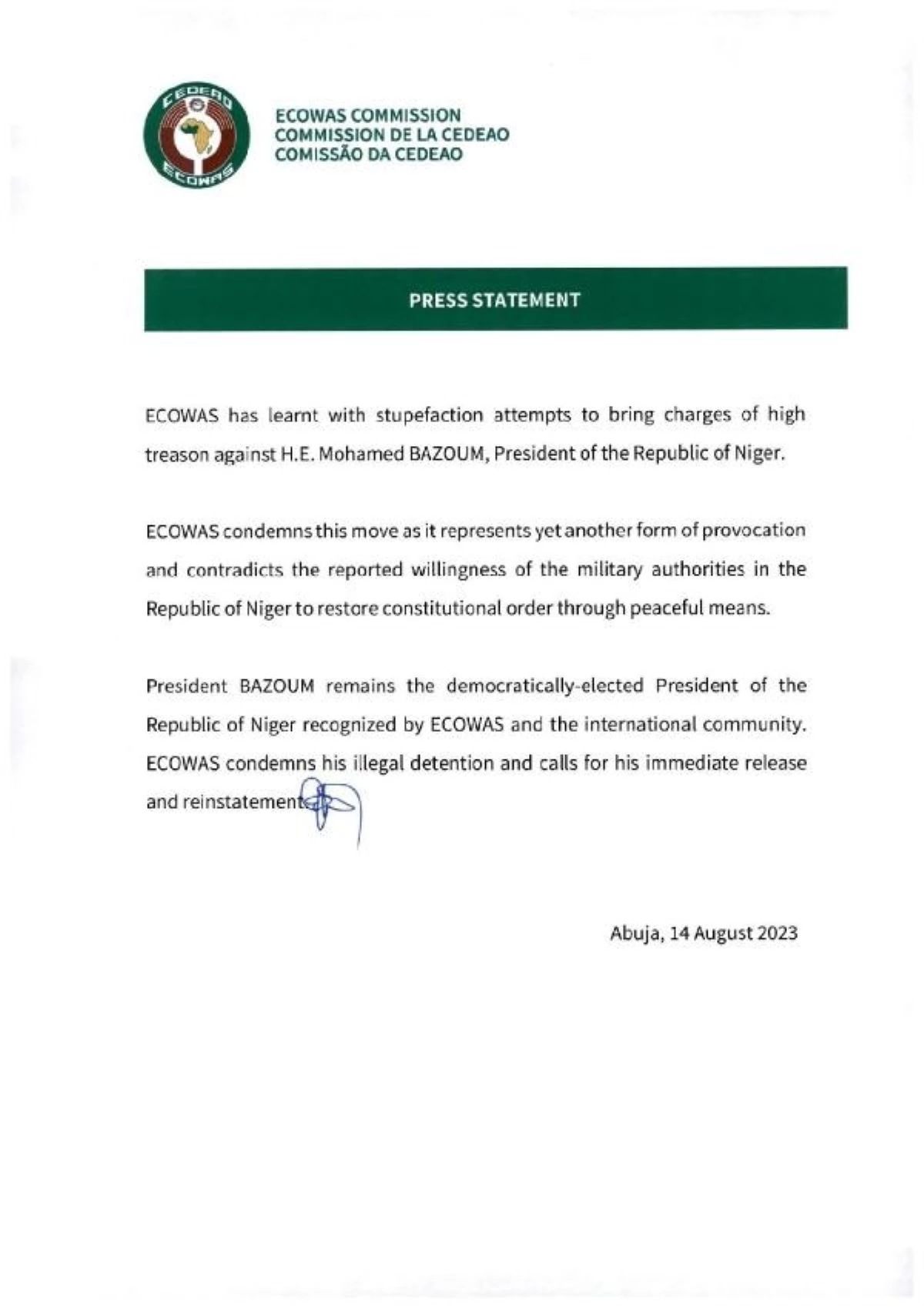 ECOWAS, Nijer\'deki Cunta Yönetiminin Devlet Başkanı\'na Yönelik Suçlamaları Kınadı