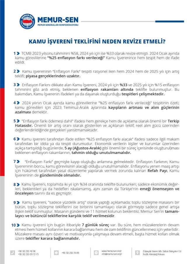 Memur-Sen, hükümetin zam teklifini revize etmesi için 10 madde sıraladı