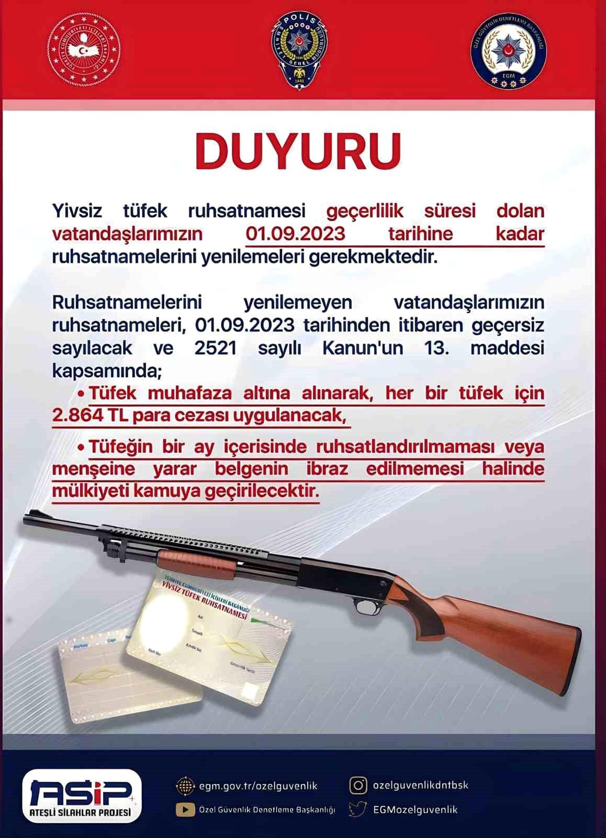 Yivsiz tüfek ruhsatnameleri için son tarih Eylül 2023