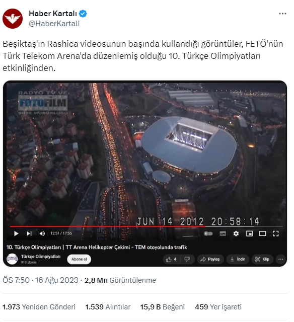 Beşiktaş'ın Rashica videosunda Galatasaray stadının görüntüsünün Türkçe Olimpiyatları'ndan aldındığı iddiası sarı kırmızılıları ayağa kaldırdı
