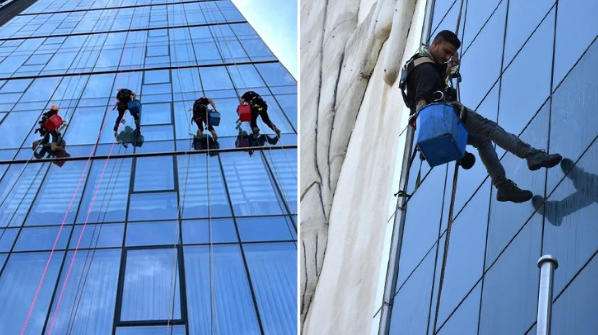 Batman\'da yüksek yapıların camlarını temizleyen dağcı, günlük 3 bin 500 TL kazanıyor