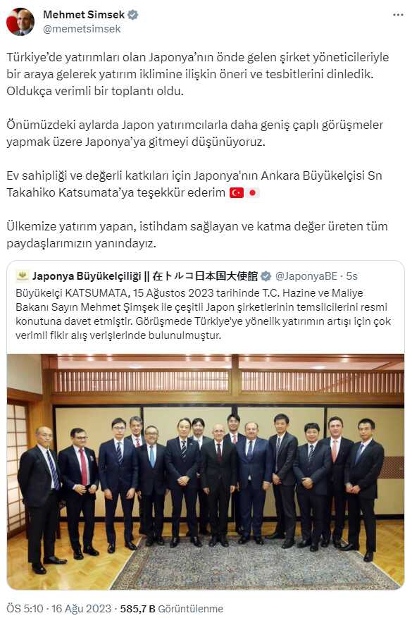 Hazine ve Maliye Bakanı Mehmet Şimşek, Japonya'nın Ankara Büyükelçisi ve Japon şirket yöneticileriyle bir araya geldi Hazine ve Maliye Bakanı Mehmet Şimşek, Japonya'nın Ankara Büyükelçisi ve Japon şirket yöneticileriyle bir araya geldi
