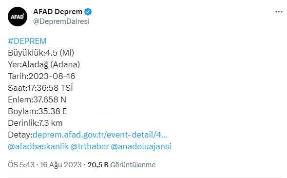 Son Dakika: Adana'da 4.5 büyüklüğünde deprem meydana geldi