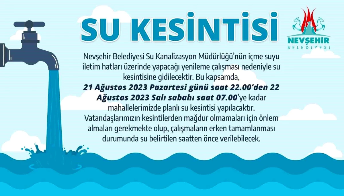 Nevşehir\'de İçme Suyu Ana İshale Hattı Yenileme Çalışması Nedeniyle Planlı Su Kesintisi