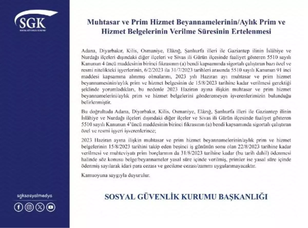 Depremden Etkilenen İllerde Prim ve Hizmet Belgelerinin Teslim Süresi Uzatıldı