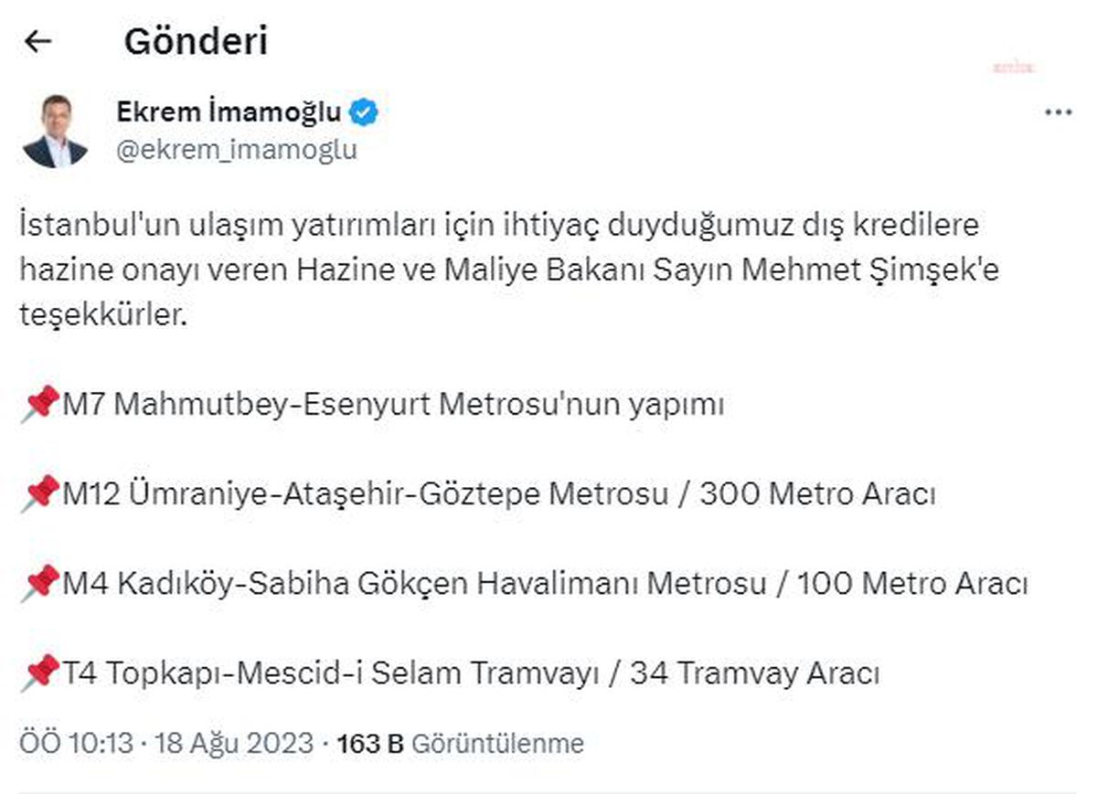 İBB Başkanı İmamoğlu, Hazine onayıyla ulaşım yatırımlarını duyurdu