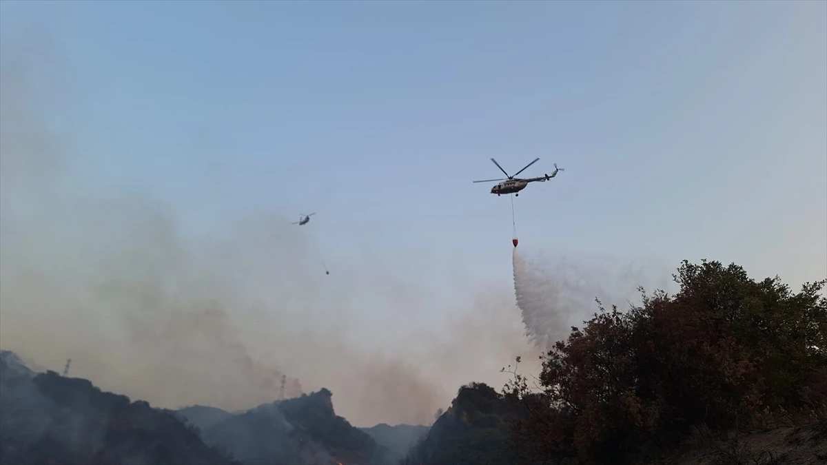 Manisa Turgutlu\'da Makilik Alanda Çıkan Yangın Söndürülmeye Çalışılıyor